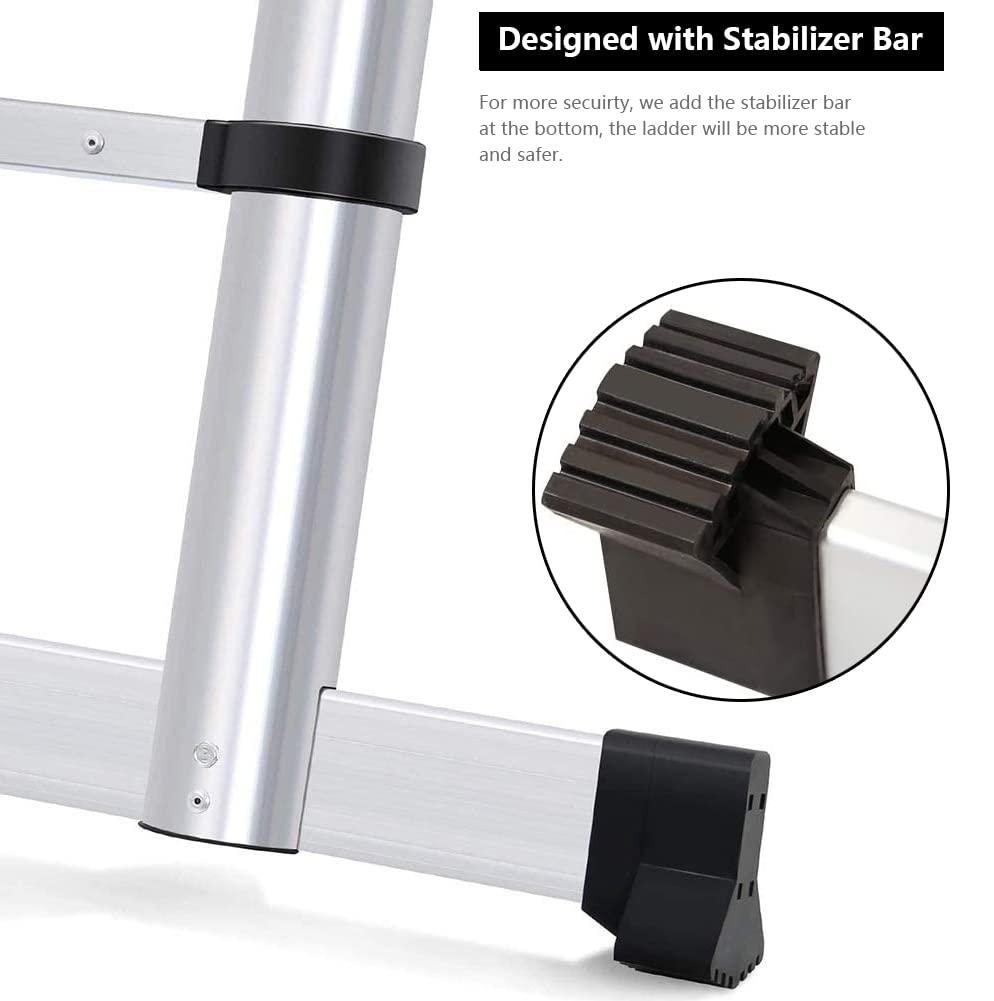 3,8M Teleskopleiter mit Stabilisator, Rutschfester Klappleiter Aluminium Ausziehleiter Mehrzweckleiter, 150 kg Belastbarkeit