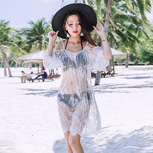 LLZBJN Bikini/Swimming/Beach/Bikini/Blouse/Female Summer Long Bud Silk Yarn Hollow Beach Sunscreen Swimsuit Coat Hot Spring Clothes, M, White