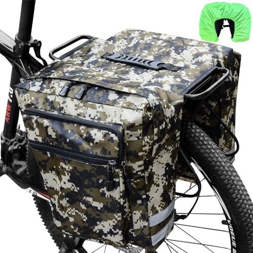 KLERICER Double Bike Pannier Bag, 30L Waterproof Bicycle Trunk Bag with Rain Cover, Bike Panniers Rear Rack Bag with Reflective Stripe, Multi Pockets Saddle Bags for Bicycle (Camouflage)
