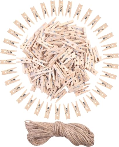 DERAYEE Mini Pince à Linge en Bois 25MM, 120 PCS Petites Pinces Décoratives avec Ficelle, Épingles en Bois pour Bricolage, Jardinage, Décoration Murale et...