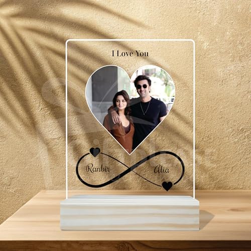 Image of Giftplease Customized Photo And Text Frame With Wooden Stand | Personalised Printed Photo Frame | Gift | Birthday | Anniversary (Transparent, 5MM, 6 * 8 Inches), Tabletop