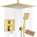 POP SANITARYWARE 12 Inch Ceiling Mount Shower Faucet Set Brushed Gold Ceiling Rainfall Shower Head and Handle Set Bathroom Rain Shower System Include Shower Valve and Trim Kit