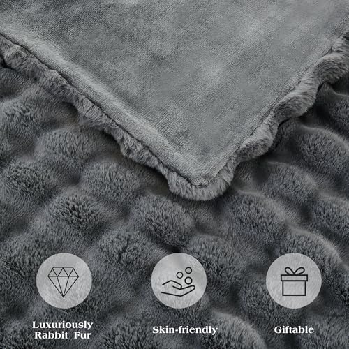 JONIYEAR Large Solid Thick Bubble Faux Rabbit Fur Bed Blanket Queen Size 80" x 90", Decorative Cute Cozy Fluffy Gray Warm Blanket for Winter,Reversible Big Luxe Fuzzy Comfy Shaggy Furry Blankets, Grey