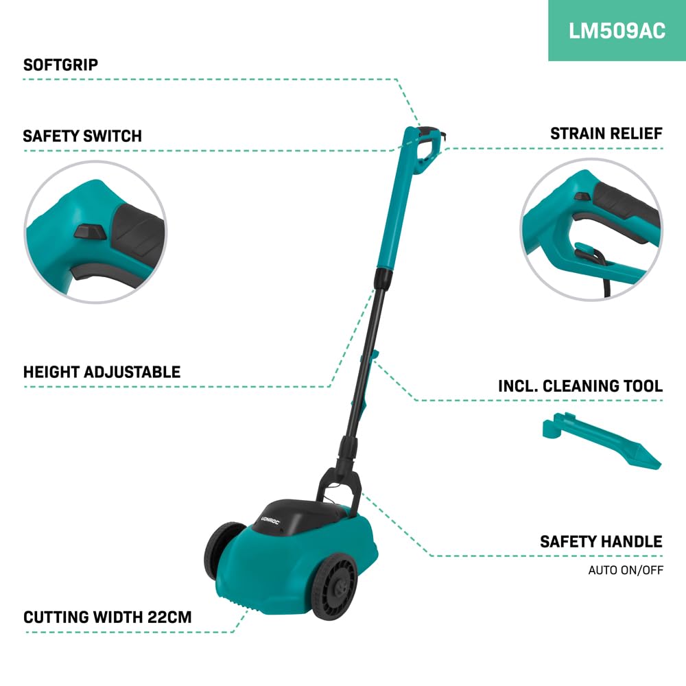 VONROC Mini Tosaerba Elettrico 350W – 22 cm – Taglio e Mulching – 3 Altezze di Taglio – Ideale per Piccoli Giardini – Incl. Strumento di Pulizia