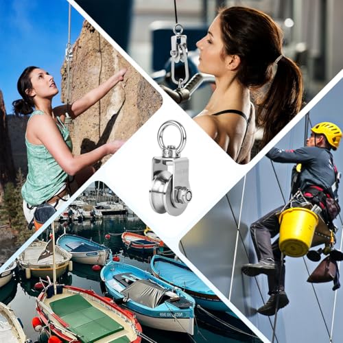 Image of Serplex 304 Stainless Steel Swivel Pulley, Heavy Duty U-Shaped Groove Single Pulley Block with 360 Rotating Eye Bolt, 3-10mm Wire Rope Cable Pulleys for Lifting, Rigging, Garage, Loading 1102 lbs