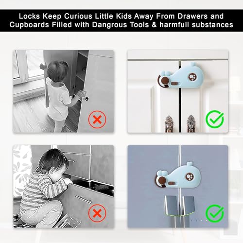 Image of GLUN 2 Piece Whale Shape Baby Safety Drawer Lock with Strong Adhesive, No-Drill Child Proof Cabinet & Fridge Lock, Double-Sided Tape for Drawers, Cupboards & Cabinets