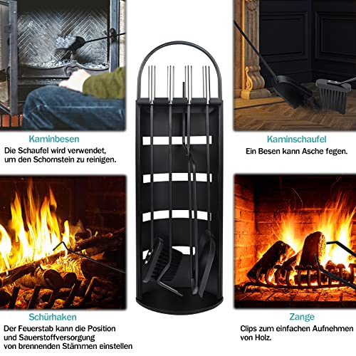Aufun Kaminbesteck Edelstahl 5-teilig Modern Kamin Zubehör Set Kamingarnitur inkl. Besen, Schaufel, Schürhaken, Zange und Ständer mit Sichtschutz, Schwarz – Bild 4