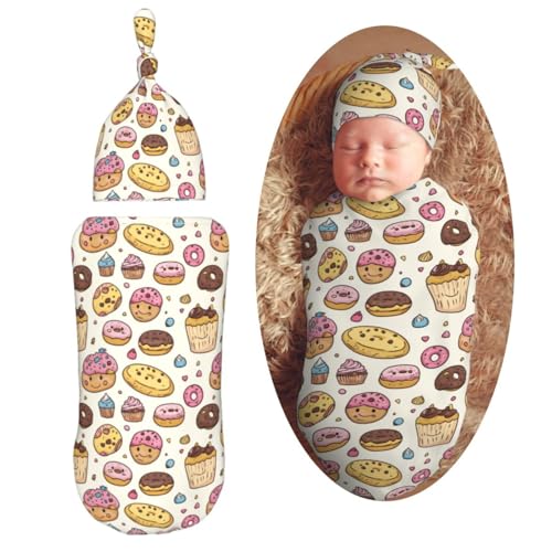 Image of Kawaii Cookies Doughnut Newborn Swaddle Blankets Hat Sets Soft Baby Receiving Blanket Swaddle Sack For Baby Shower Infant Boy Girl Gift