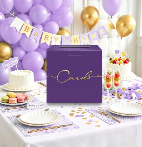 Image of HEIPINIUYE Purple Wedding Card Box with Gold Foil 9.8 inch x 9.8 inch Purple Large Gift Card Box for Party Wedding Reception Graduation Birthday Baby Shower Cardboard Raffle Envelope Box with Slot
