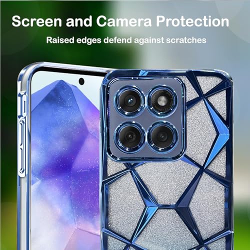Image of VONZEE Gradient Glitter Case for Moto Edge 60 Fusion, Luxury Electroplated 3D Cube, Diamond Bling Shiny Soft TPU Clear Shockproof Women Girls Protective Phone Cover (Blue)