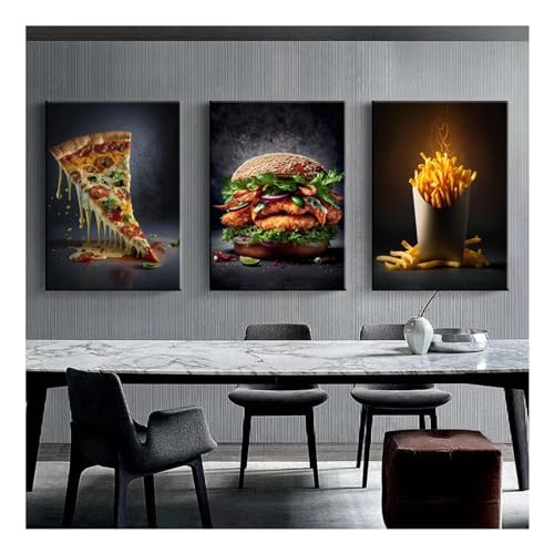 Affiche Pizza Hamburger Toile Grand Format Triptyque avec Cadre Interne Bois