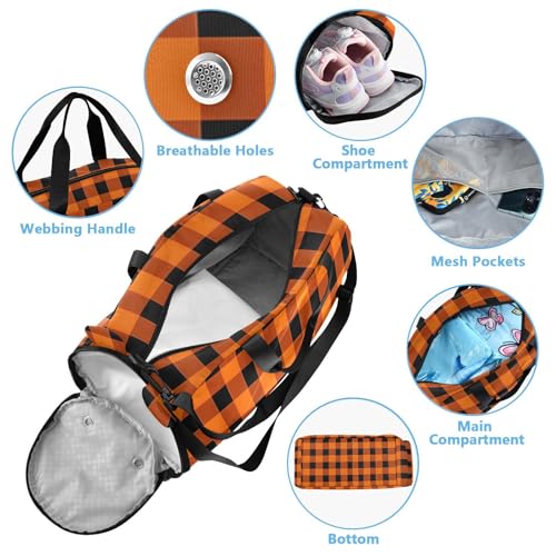Kids Sports Duffel Bag for Boys & Girls - Orange Plaid Pattern 100% Polyester Gym Bag with Separate Shoe Compartment, Adjustable Shoulder Strap, Compact Travel & Workout Gear Bag4