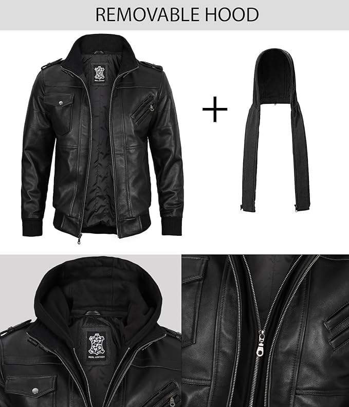 Image of Decrum Mens Leather Jacket - Detachable Hood Stylish Real Lambskin Leather Bomber Jacket Men