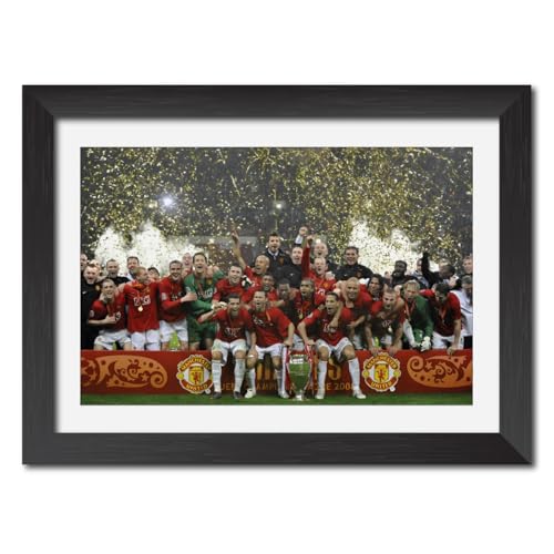 Image of TenorArts Manchester United Champions League Poster UCL 2008 Trophy Celebration Wall Photo Frame Painting with Matt Finished Black Textures (12 inches x 9inches)