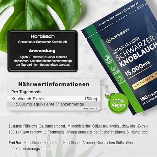Schwarzer Knoblauch 15.000mg | 180 Schwarze Knoblauchtabletten | aus konzentrierter Knoblauchextrakt | Hochdosiert und Vegane | Aged Black Garlic Supplement | von Horbaach