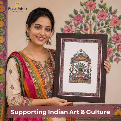 Image of PAPER PAJAMA Madhubani Peacock Kalash Wall Art for Living Room | Traditional Mithila Folk Painting | Peacock & Floral Indian Framed Decor for Home, Office & Bedroom (10x13 Inches)
