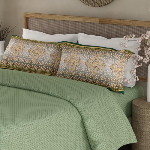 Image of BOUTIQUE LIVING Heritage Walk 100% Egyptian Cotton 200 TC Green Ethnic Print King Bedsheet with 2 Pillow Covers