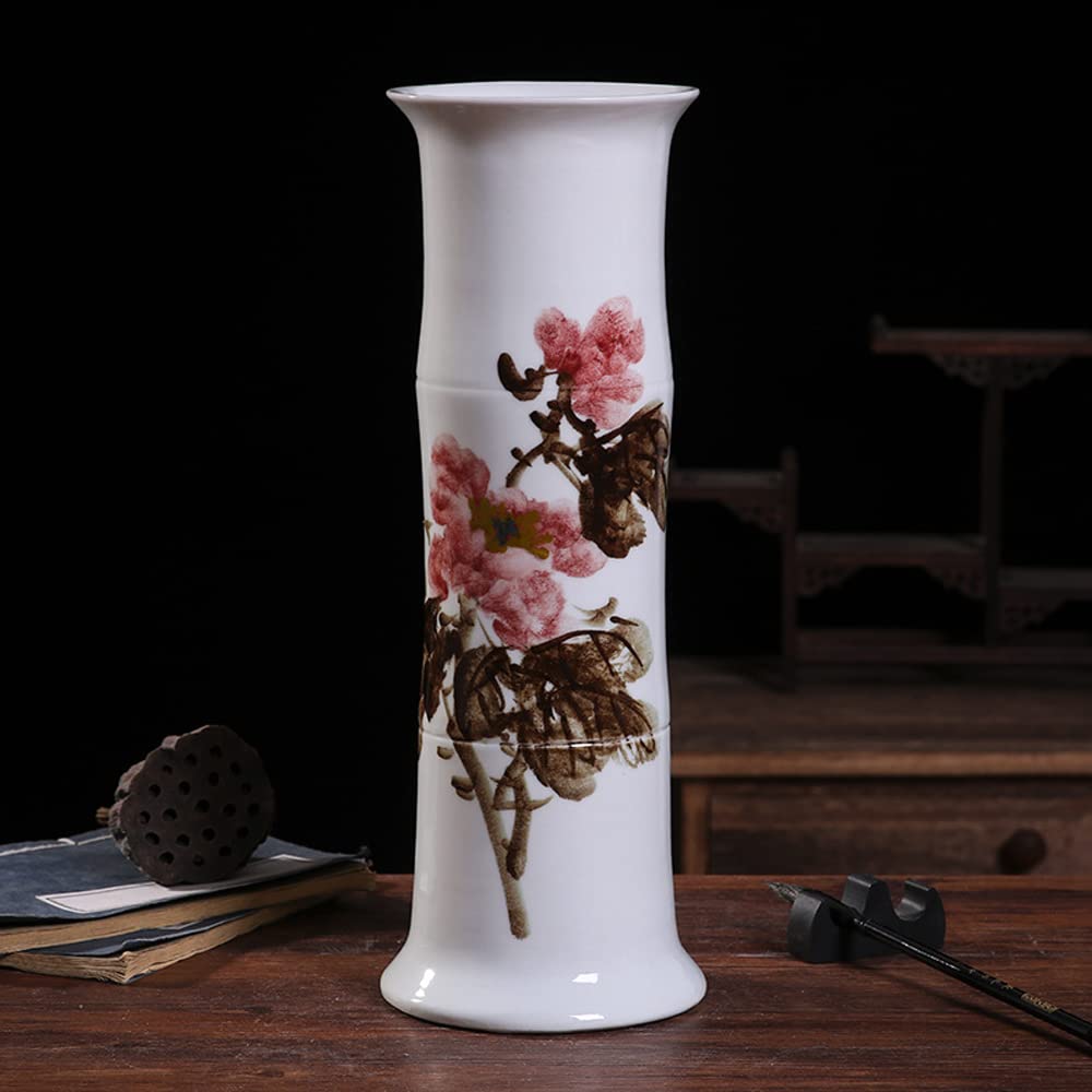asdchZen Jingdezhen Hand-Painted Chinoiserie Wealthy Bamboo Ceramic Vase Flower Arrangement Decoration Living Room Straight Tube Hydroponic Flower Arrangement,D