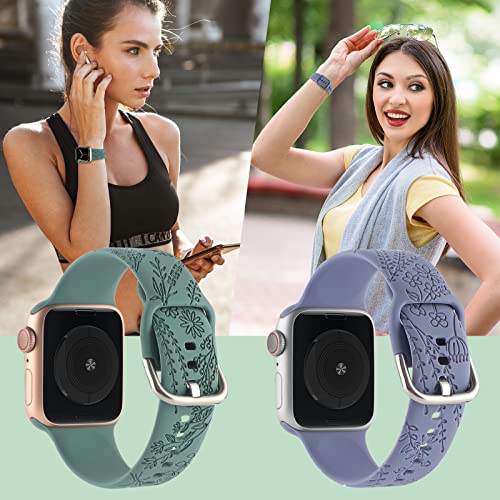 Flower Engraved Silicone Band Compatible With Apple Watch Bands 38Mm 40Mm 41Mm, Cute Women Wildflowers Floral Design Soft Sport Strap Replacement Wristbands For Iwatch Series 8 7/Se/6/5/4/3/2/1 (38/40/41Mm, Green Lavender) #TOP6