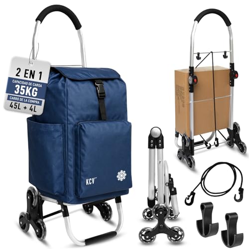 KCVONLINE Carro de la Compra Plegable 6 Ruedas Silenciosas para Escaleras, Bolsa 45 L Impermeable + 4 L Térmico, Aluminio Ligero,Carga 35 kg, Azul