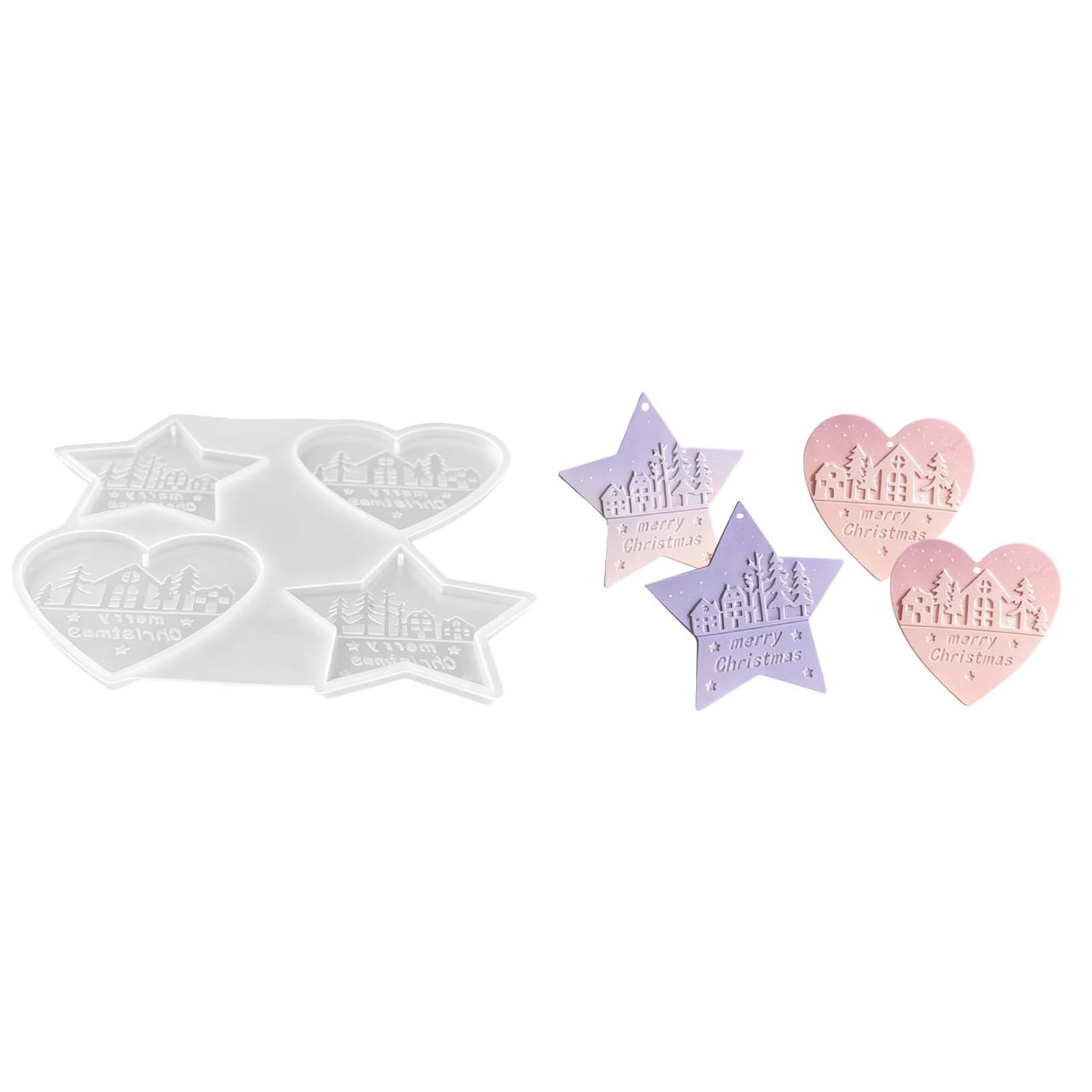 Christmas Ornament Silicone Mold for Holiday Decor, Four Cavity Star and Heart Casting Form for Resin and Plaster Projects with Merry Christmas Embossing Ornament Silicone Mold Holiday Resin Casting