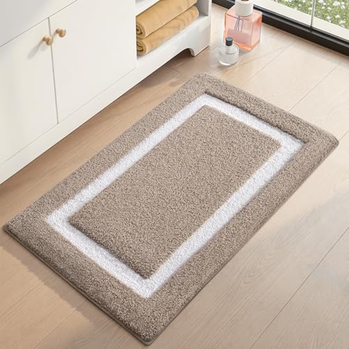 Image of Color&Geometry Extra Soft Bathroom Rugs 30x20, Absorbent Microfiber Bath Rug, Non-Slip Bathroom mat, Washable Plush Bath Mats for Bathroom, Shower, Bathtub, Laundry, Khaki White