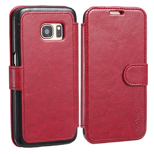 Funda Para Galaxy S7 Edge - WAWO Funda De Piel Tipo Cartera Para Samsung Galaxy S7 Edge Wallet Case - Rojo (Card Slot Vintage Series)(Funda Con Tapa Samsung S7 Carcasa)