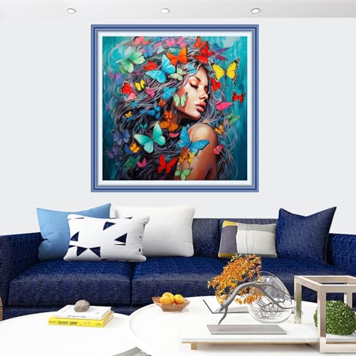 Image of Findvoor Stamped Cross Stitch Kits for Beginners Full Range of Cross Stitching Embroidery Pattern for Adults, 11CT DIY Needlepoint Embroidery Starter Kits-Butterfly Girl 17.7x17.7 inch