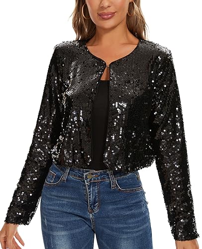 MINTLIMIT Women's Sequin Jacket Long Sleeve Open Front Sparkly Shrugs Glitter Cropped Bolero Cardigans2
