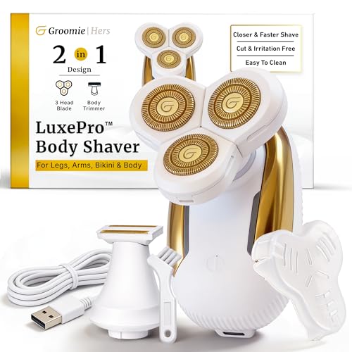 Groomie Hers LuxePro Electric Body Shaver for Women Womens Rotary Shaver Razors for Women Sensitive Skin Wet/Dry Cordless Rechargeable Hair Remover for Legs Head Arms & Underarms