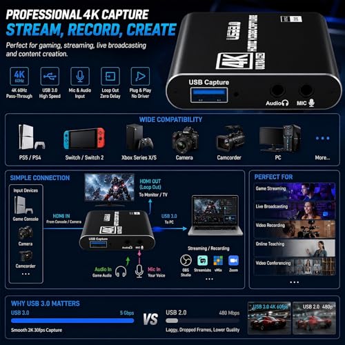 Image of Guermok USB 3.0 HDMI Capture Card, 1080P 60FPS & 2K30 Video Capture Device | 4K HDMI Pass-Through, Mic Input & Audio Output, USB Video Game Capture for OBS Streaming, PS5, Switch 2 /1, Xbox1, Camera, PC