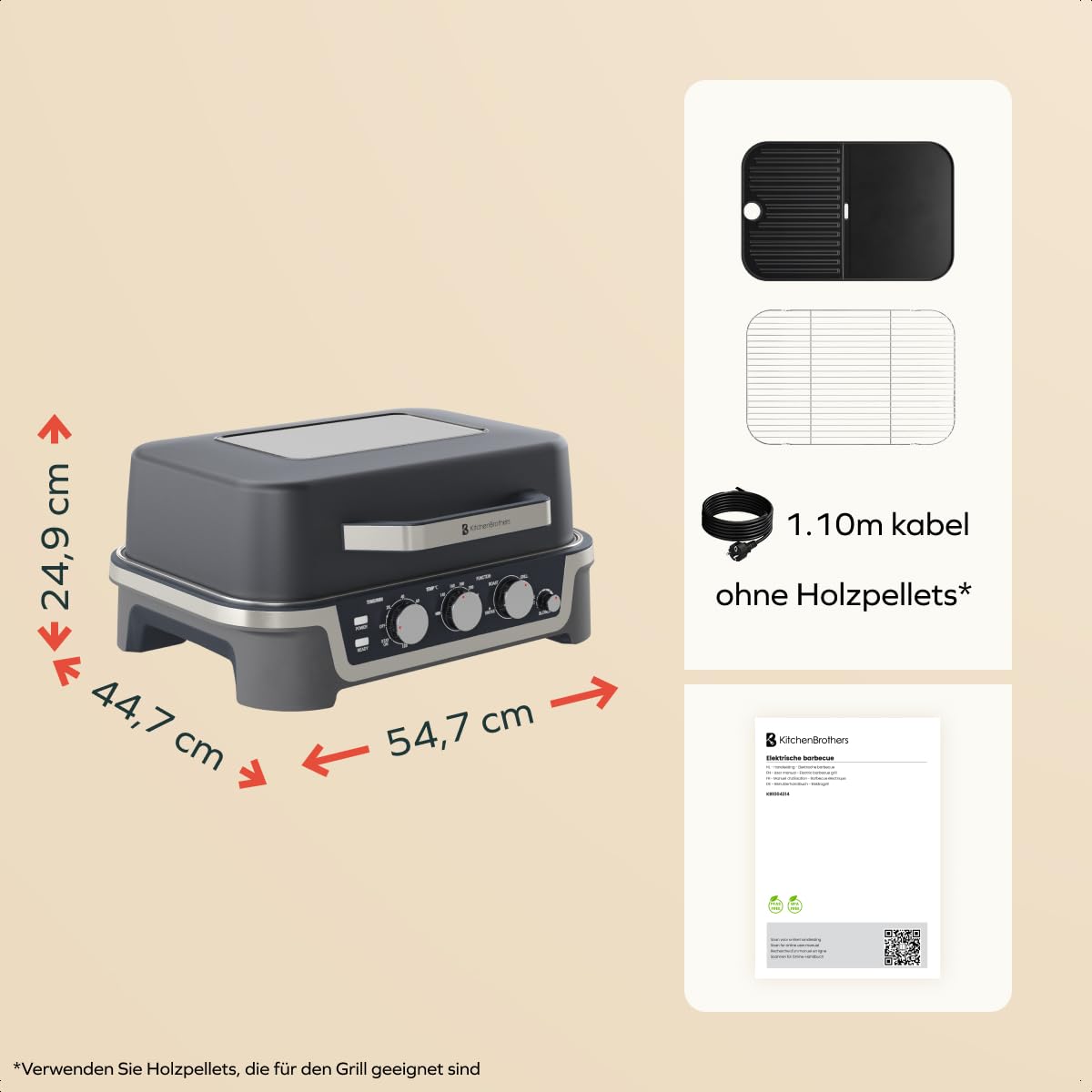 KitchenBrothers 4-in-1 Elektrogrill - BBQ & Smoker - Tischgrill - 2600W | Einstellbar von 90–250 °C, Timer bis 120 Min., Sichtfenster im Deckel, kompaktes, ideal Tischformat
