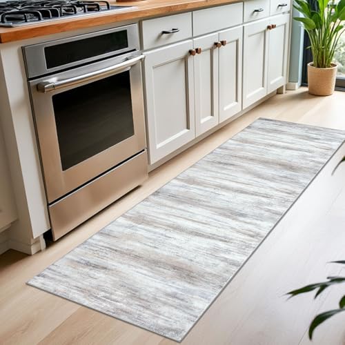 KOZYFLY Modern Abstract Kitchen Runner Rug, 2x6 Washable Rug Runner Non-Slip Soft Striped Hallway Runner Rugs, Beige Print Distressed Carpet Runner for Entryway Bathroom Laundry Room Foyer