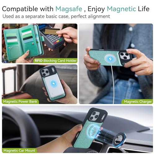 Varikke for iPhone 17 Pro Max Wallet Case Compatible with Magsafe Detachable Magnetic with RFID Blocking Card Holder, Glitter PU Leather Wrist Strap Phone Case for iPhone 17 Pro Max 6.9", Mint by Varikke - Used condition - Image 5