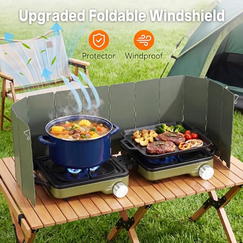 2-Burner Portable Propane Camping Stove with Windshield, 30000 BTU Foldable Gas Stove with Independently Adjustable Heat Coffee Stand & Carry Bag, Gas Stove for Cooking, Tailgating (Green) - Image 2