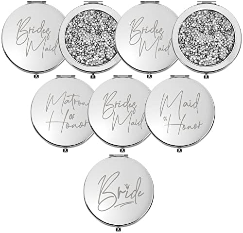 Roowest 8 Pieces Bridesmaid Mirrors Bride Bridesmaid Gifts Magnifying Compact Mirror Wedding Compact Cosmetic Mirror Handheld Pocket Makeup Mirror for Bridal Shower Gifts Wedding (Silver, White)
