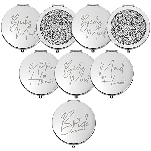 Roowest 8 Pieces Bridesmaid Mirrors Bride Bridesmaid Gifts Magnifying Compact Mirror Wedding Compact Cosmetic Mirror Handheld Pocket Makeup Mirror For Bridal Shower Gifts Wedding (Silver, White) #TOP1