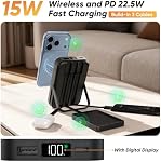Power Bank 10000mAh Compatible with MagSafe, Magnetic Portable Charger with Digital Display, 15W Wireless Fast Charging, Built-in 3 Cables, Foldable Stand Compatible with iPhone 16/15/14/13/12 Series