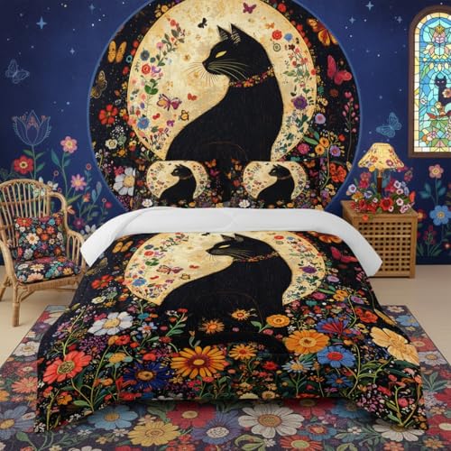 Image of Black Cat Bedding Cartoon Cat Comforter Set Full,Floral Bedding Full Size Bed ,with 1 Comforter with 2 Pillow Case