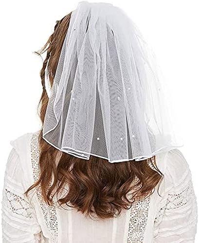 Sekhluno Wedding Veil, 1 Tier Pearl Bridal Veil with Comb Women's Short Veils (White)