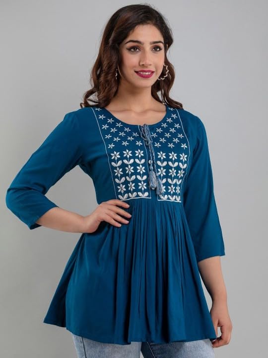 Image of Avayayat Women's Rayon Classic Heavy Embroidery Top with Beautifull Tassels at Front and on Both Sleeves Regular Fit Office Wear Festival Tunic Jeans Summer