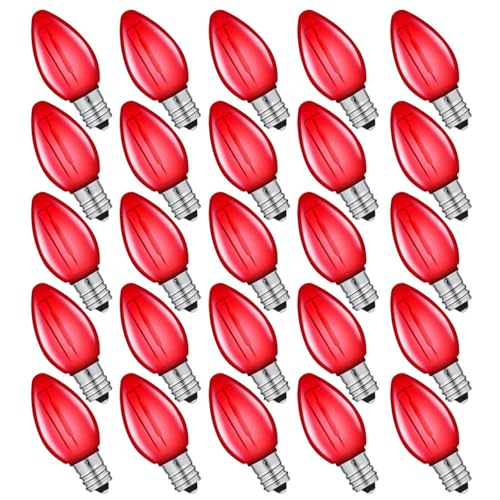 NETEHA 25 Pack C7 Red Led Replacement Christmas Light Bulb C7 E12 Base 120V Waterproof Led Bulbs for Christmas Outdoor String Lights Halloween Decoration Bulb