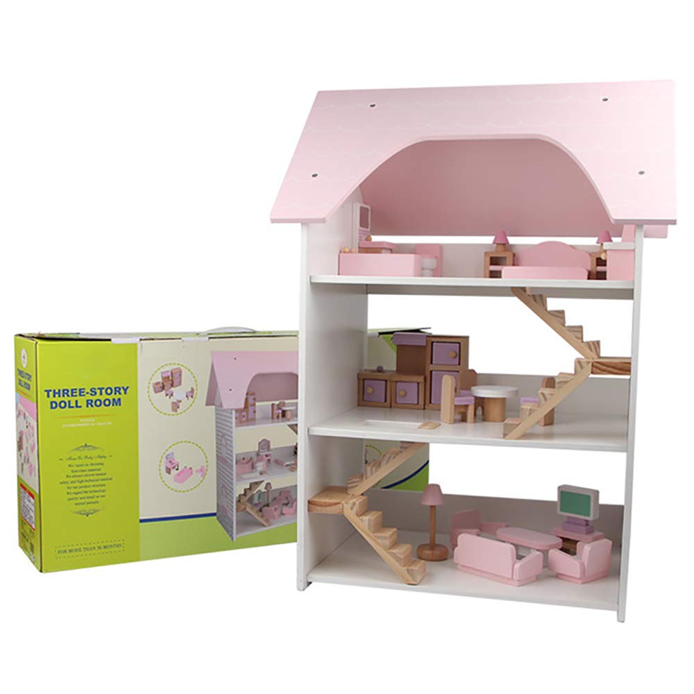 JW-YZWJ Wooden Three-Story Villa DIY Simulation Large House Pink Doll House Early Education Educational Toys