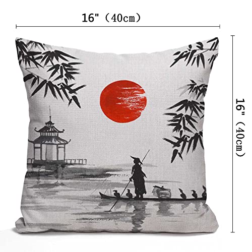 Japan Traditional Japanese Painting Man With Boat Cotton Linen Throw Pillow Case Cushion Cover Home Office Decorative Square 16X16 Inches Without Pillow Insert #TOP1