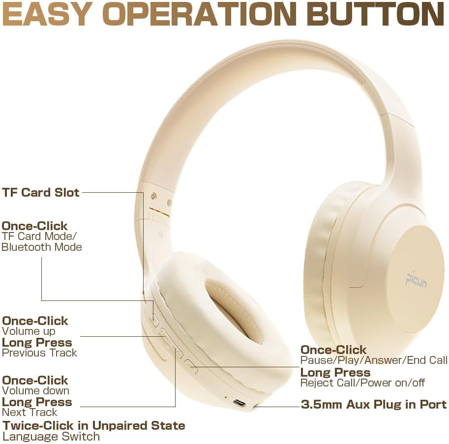 Bluetooth Headphones Over Ear, Foldable Hi-Fi Stereo Wireless and Wired Headsets with Micro SD Card Slot, Built-in Microphone for Adults Kids Men Women（White）
