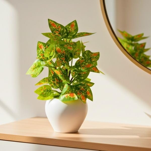 Image of fancymart Artificial Plant Leaves in Apple Pot (30 cm Height) | Small Potted Plant for Office Desk | Home Decor for Living Room | Cafe & Restaurant Table Decoration