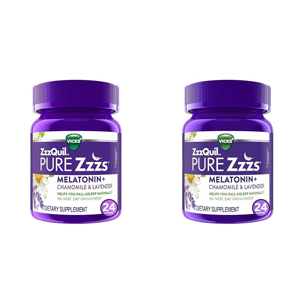 ZzzQuil Pure Zzzs, Melatonin Sleep Aid Gummies with Lavender, Valerian Root and Chamomile, Natural Wildberry Vanilla Flavor, Non-Habit Forming, Drug-Free, 24 Gummies (Pack of 2)