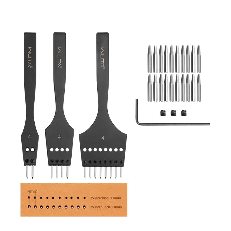 WUTA 3rd Gen Professional Leather Punch Tools, Removable Lacing Stitching Chisel Round Hole Kit for Leather Craft, DIY Belts, Bags, Wallets & Saddlery-4mm(2+4+8) Hole