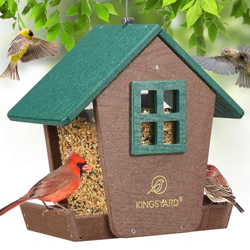 Kingsyard 4 lbs Large Bird Feeder House for Outdoors Hanging, Recycled Plastic Bird Feeder Hopper with Weatherproof Roof & Capacity Tray for Cardinal Bluebird, Garden Yard Outside Decor, Green