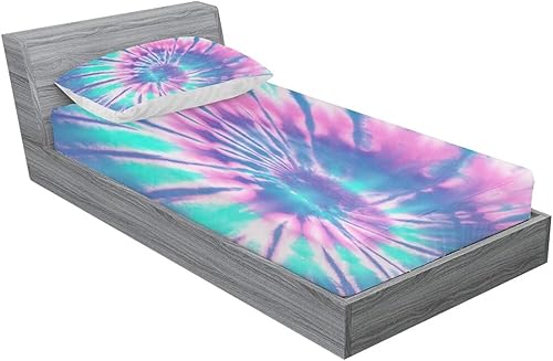 Miniatura 2 de MUSOLEI Juego de sábanas bajeras de teñido anudado para niñas, color rosa y azul, juego de ropa de cama bohemio de 2 piezas, sábana bajera de